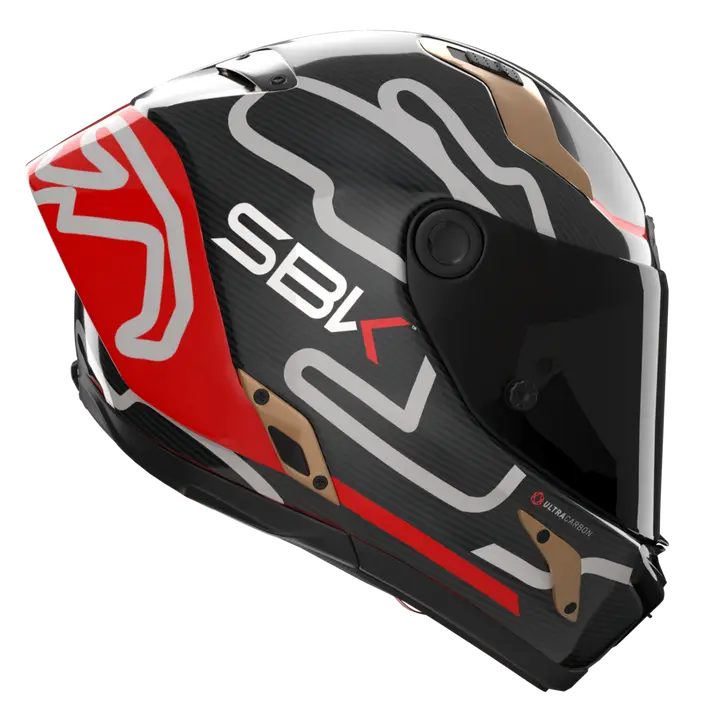 Nolan X-804 RS Ultra Carbon full-face helmet in SBK 360 carbon, red and white livery
