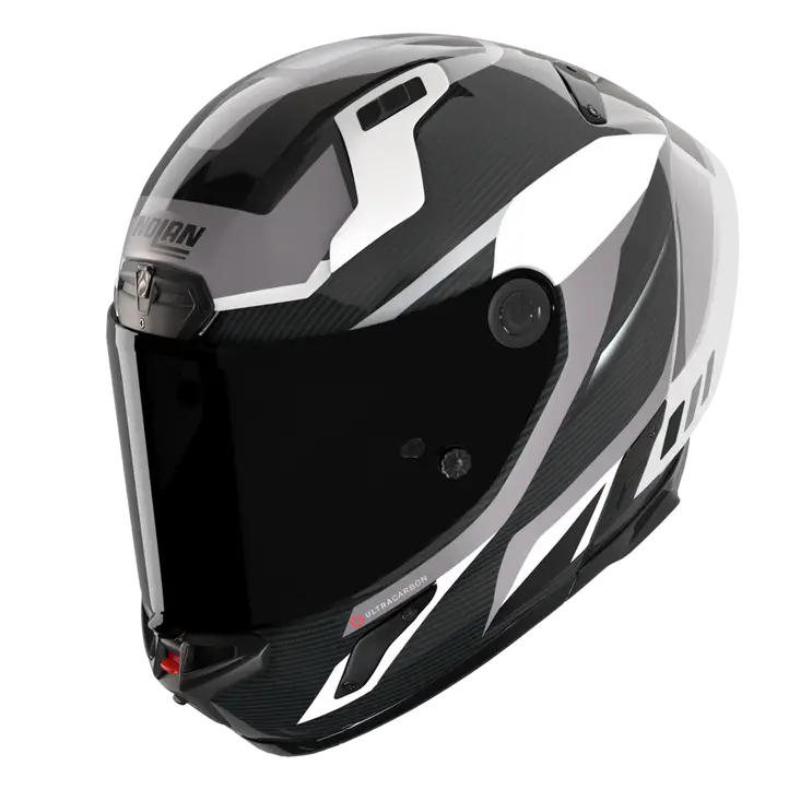 Nolan X-804 RS Ultra Carbon full-face helmet in Lesmo white, black and grey colourway