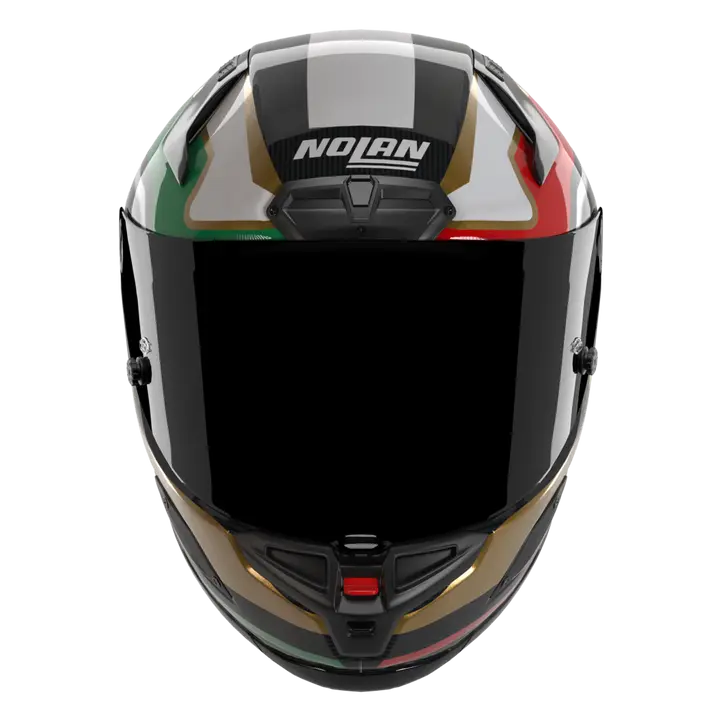 Nolan X-804 RS Ultra Carbon helmet in Piega Gold/Red/Green 367 graphic