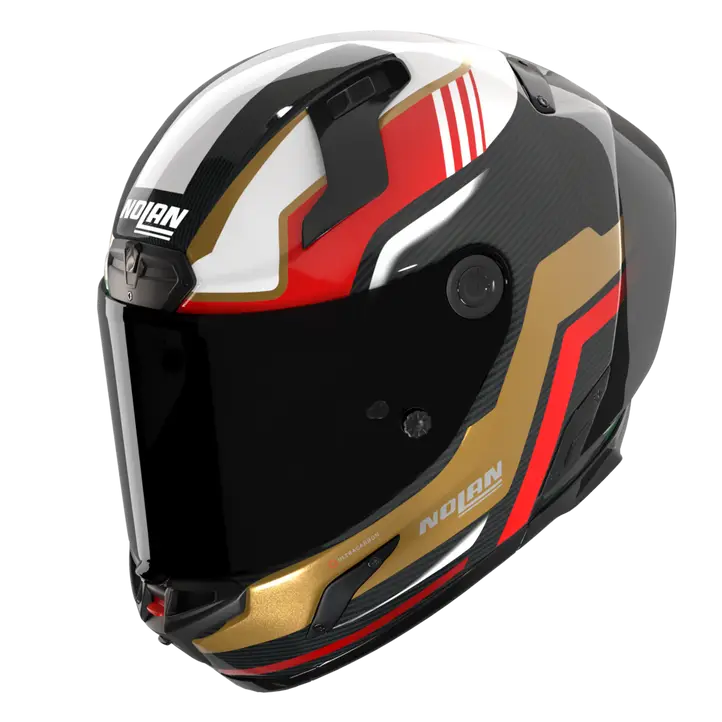 Nolan X-804 RS Ultra Carbon helmet in Piega Gold/Red/Green 367 graphic