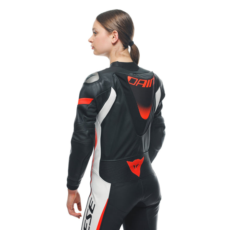 Dainese Grobnik Lady one-piece leather race suit in white and red, perforated panels