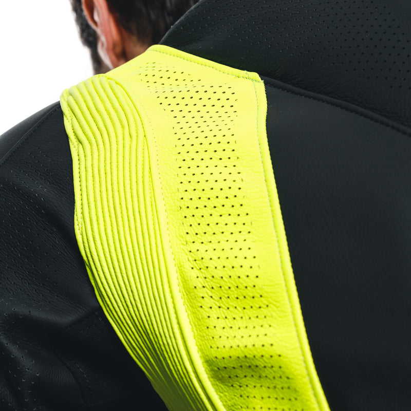 Dainese Audax D-ZIP one-piece leather racing suit in black and neon yellow