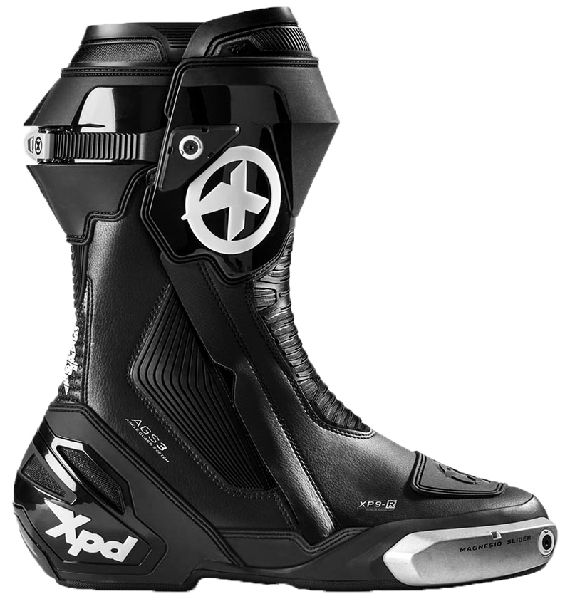 XPD XP9-R men's motorcycle boots in black, side view showing AGS3 ankle guard and racing sole