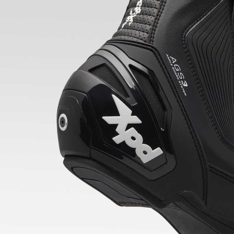 XPD XP9-R men's motorcycle boots in black, side view showing AGS3 ankle guard and racing sole