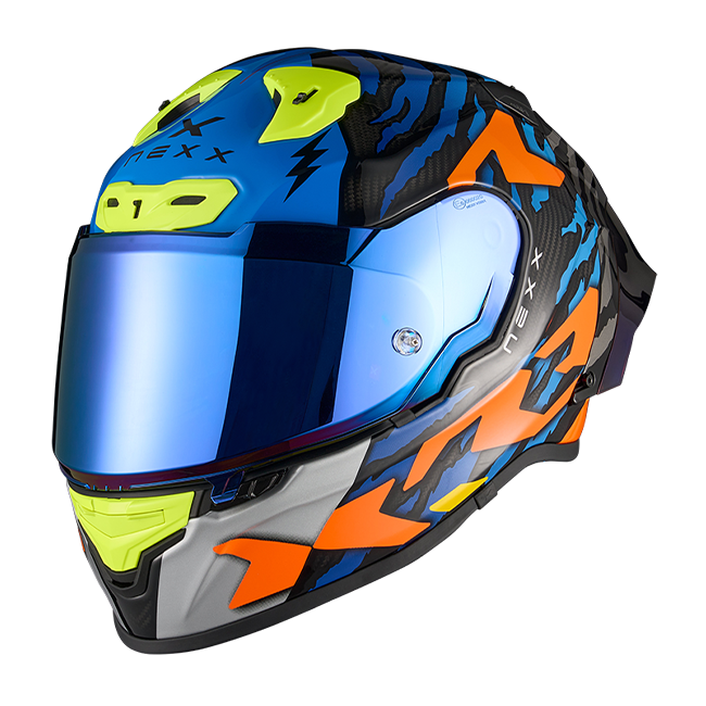 Nexx X.R3R full-face helmet in Ziger Carbon Orange Blue colourway