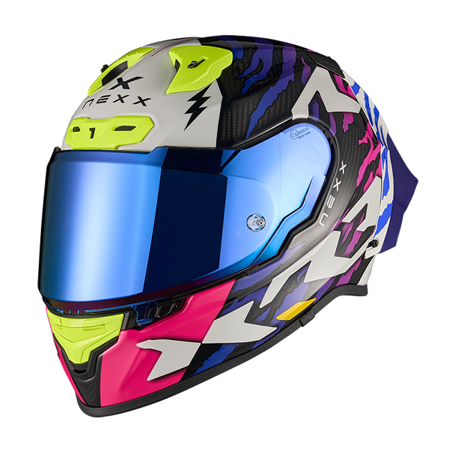Nexx X.R3R Ziger full-face racing helmet in carbon purple blue colourway