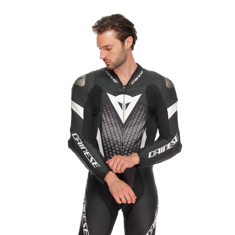 Dainese Laguna Seca 6 one-piece perforated leather race suit in Black and White