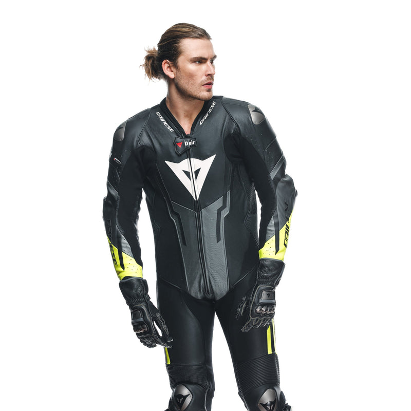 Dainese Misano 3 Perf. D-AIR® men's one-piece leather race suit in black and neon yellow