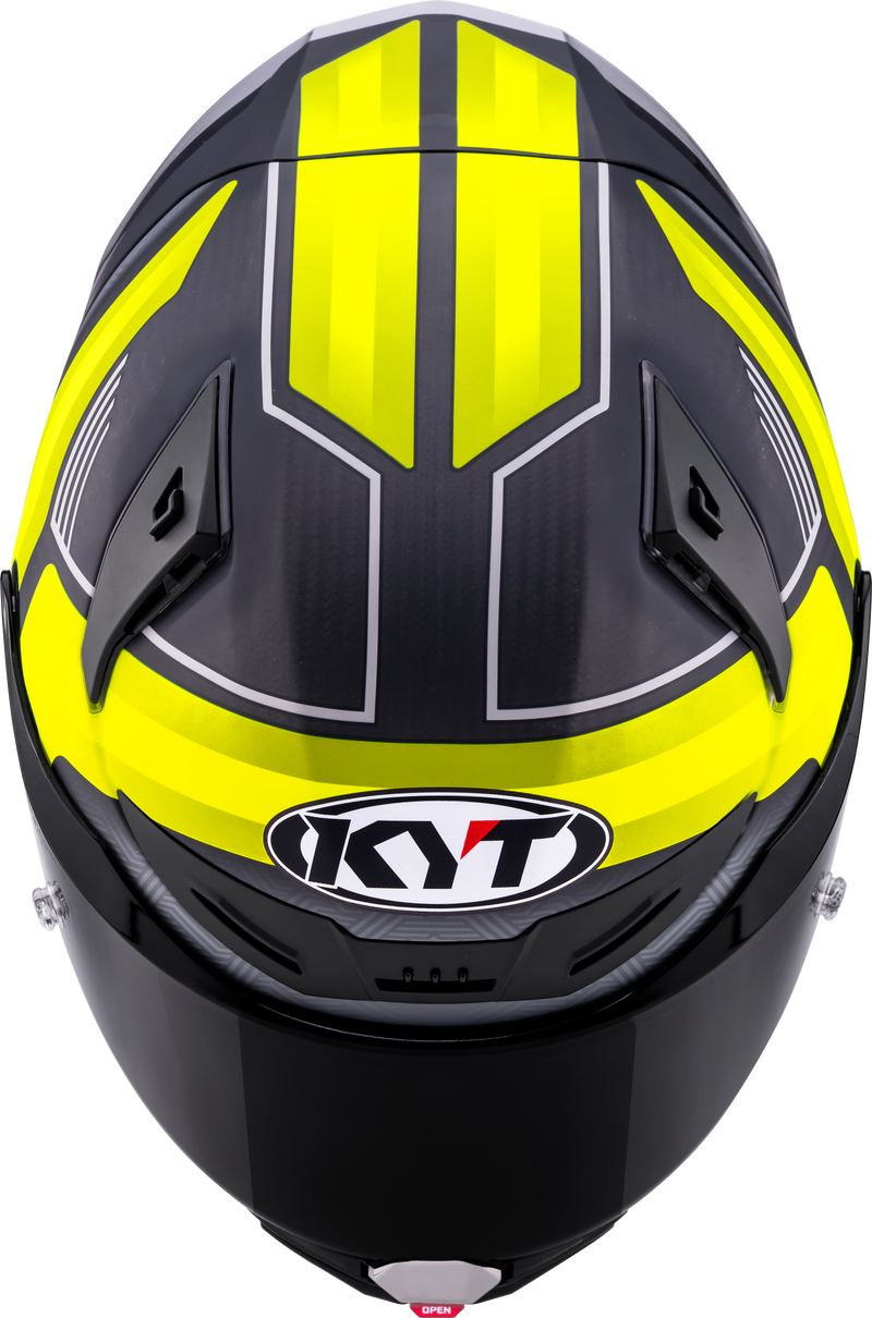 KYT R1R full-face racing helmet in Carbon Accelerator Yellow, tricomposite shell, ECE 22.06