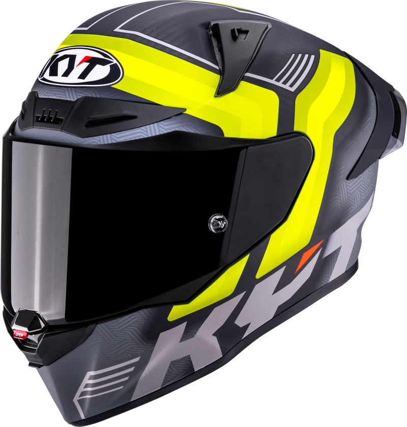 KYT R1R full-face racing helmet in Carbon Accelerator Yellow, tricomposite shell, ECE 22.06