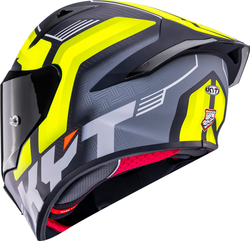 KYT R1R full-face racing helmet in Carbon Accelerator Yellow, tricomposite shell, ECE 22.06