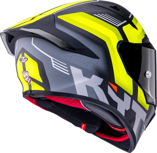KYT R1R full-face racing helmet in Carbon Accelerator Yellow, tricomposite shell, ECE 22.06