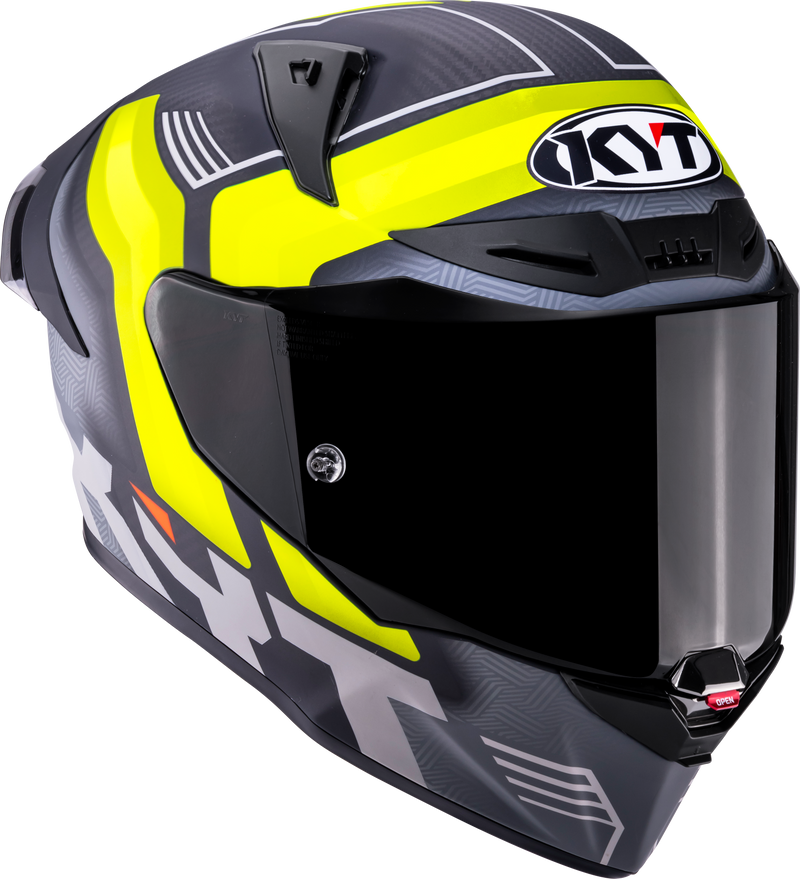 KYT R1R full-face racing helmet in Carbon Accelerator Yellow, tricomposite shell, ECE 22.06