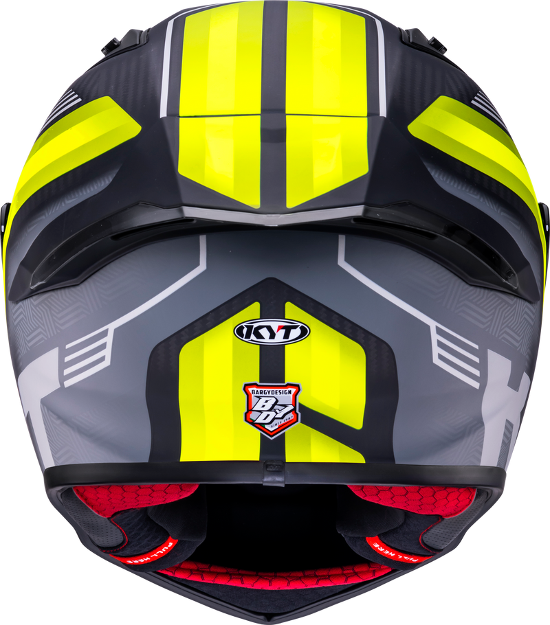 KYT R1R full-face racing helmet in Carbon Accelerator Yellow, tricomposite shell, ECE 22.06