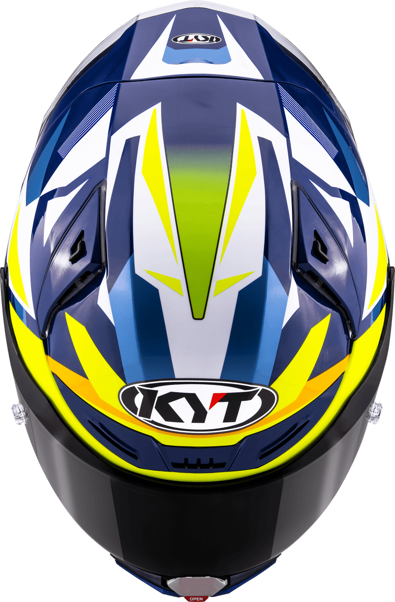 KYT R1R racing helmet in Carbon Diamond Blue and Yellow finish, Y6R10005