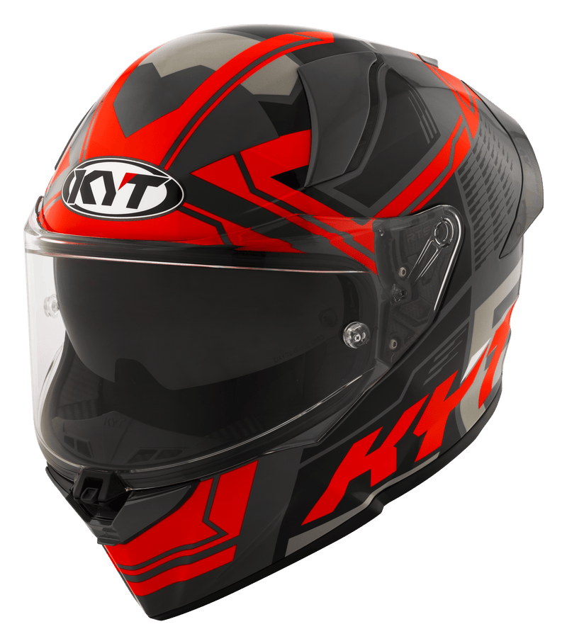 KYT R2R full-face helmet in Octane Red graphic, three-quarter front view