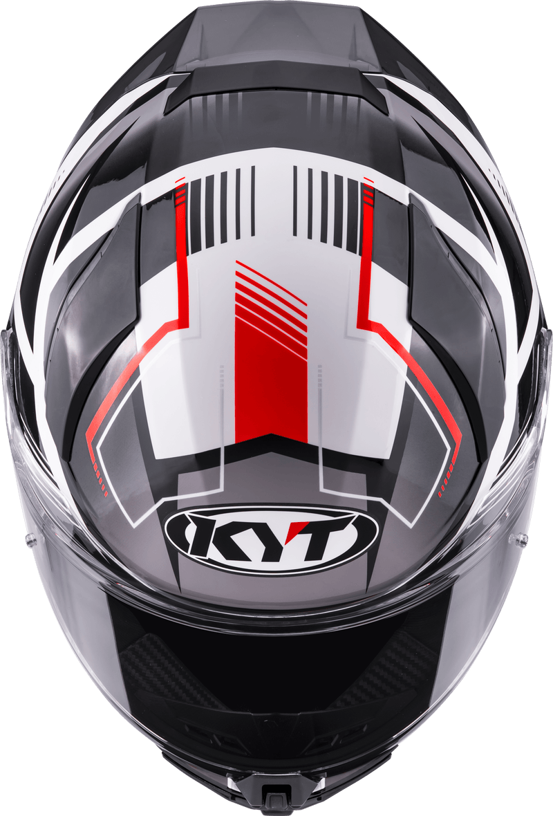 KYT R2R full-face helmet in Parsec White/Red graphic, front three-quarter view