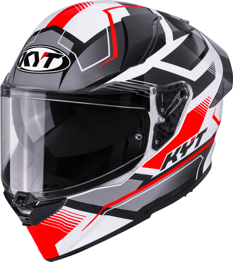 KYT R2R full-face helmet in Parsec White/Red graphic, front three-quarter view