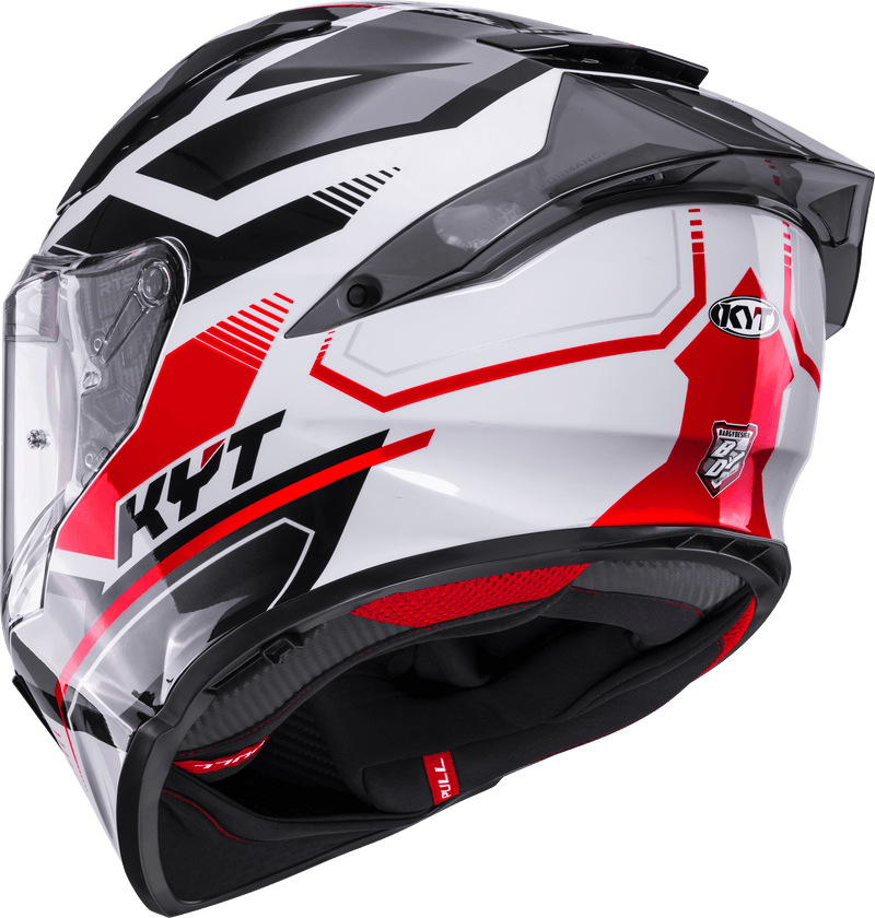 KYT R2R full-face helmet in Parsec White/Red graphic, front three-quarter view