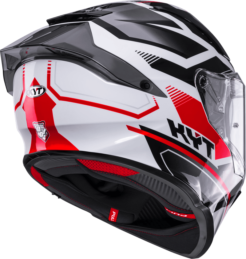 KYT R2R full-face helmet in Parsec White/Red graphic, front three-quarter view