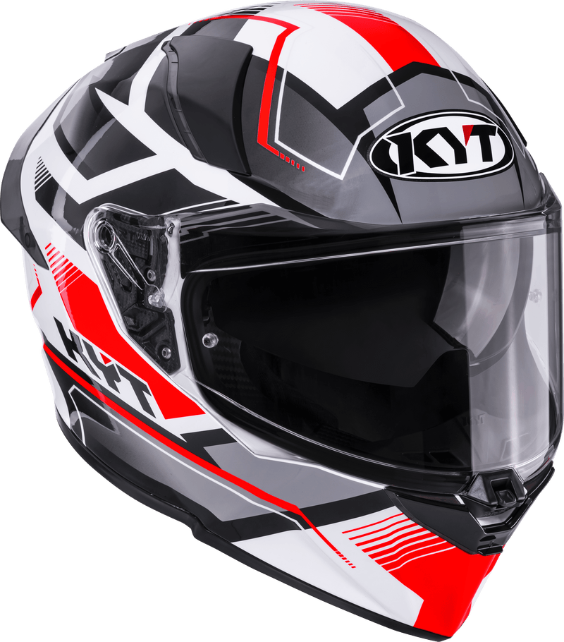 KYT R2R full-face helmet in Parsec White/Red graphic, front three-quarter view