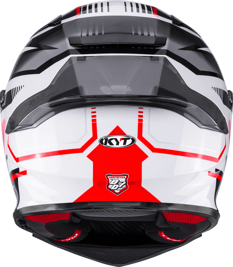 KYT R2R full-face helmet in Parsec White/Red graphic, front three-quarter view