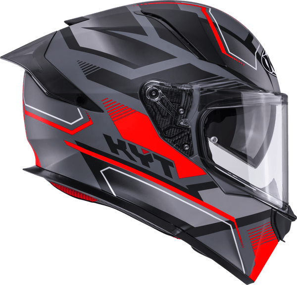 KYT R2R full-face helmet in Parsec matte grey and red graphic finish