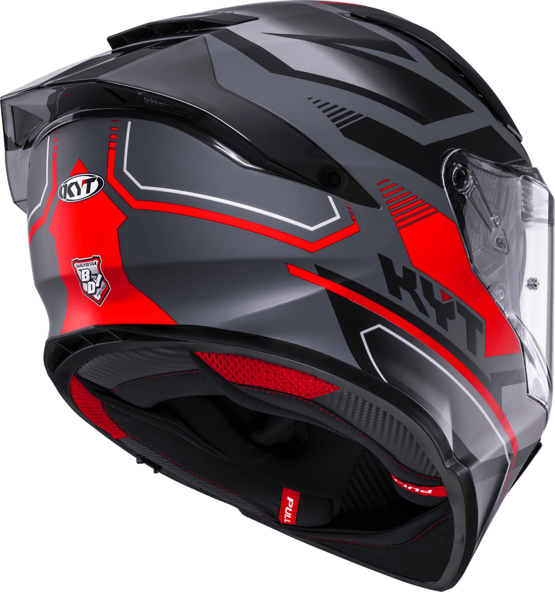 KYT R2R full-face helmet in Parsec matte grey and red graphic finish