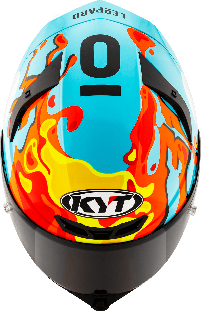 KYT TT-Revo full-face helmet in Leopard Replica Aragon turquoise and black livery