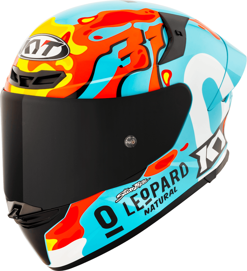 KYT TT-Revo full-face helmet in Leopard Replica Aragon turquoise and black livery