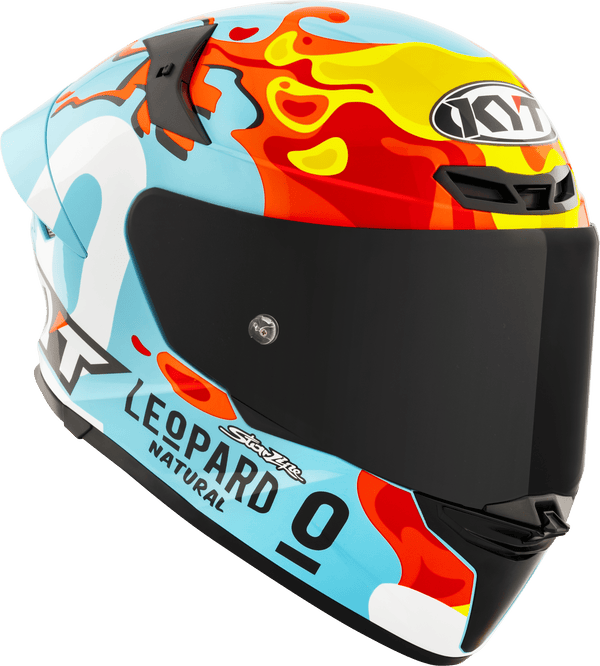 KYT TT-Revo full-face helmet in Leopard Replica Aragon turquoise and black livery