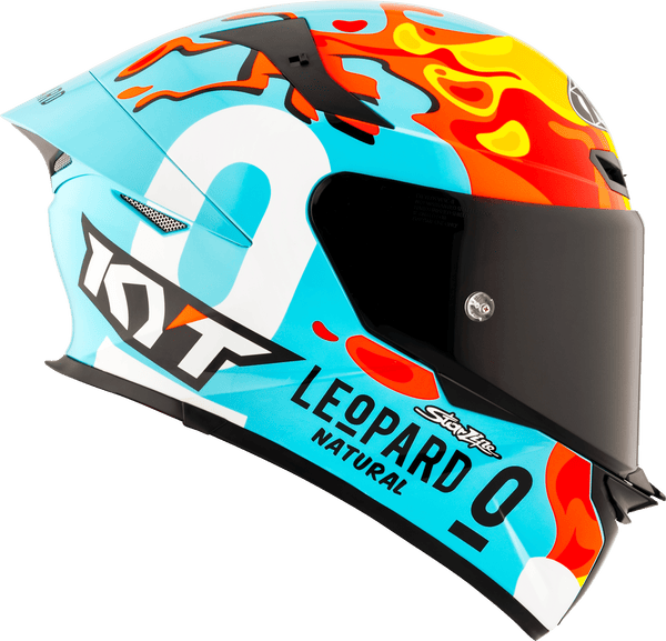 KYT TT-Revo full-face helmet in Leopard Replica Aragon turquoise and black livery