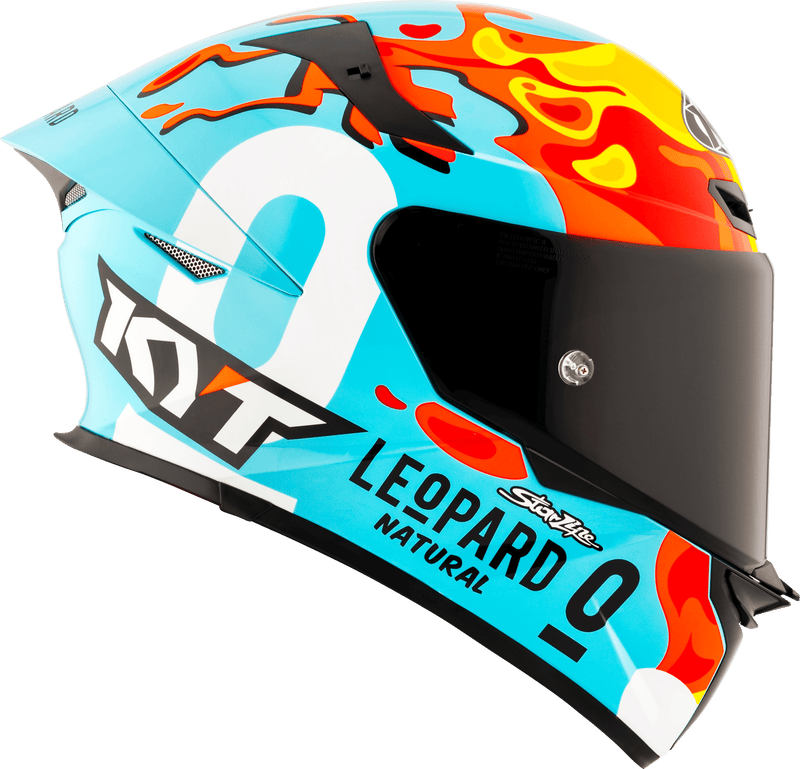 KYT TT-Revo full-face helmet in Leopard Replica Aragon turquoise and black livery