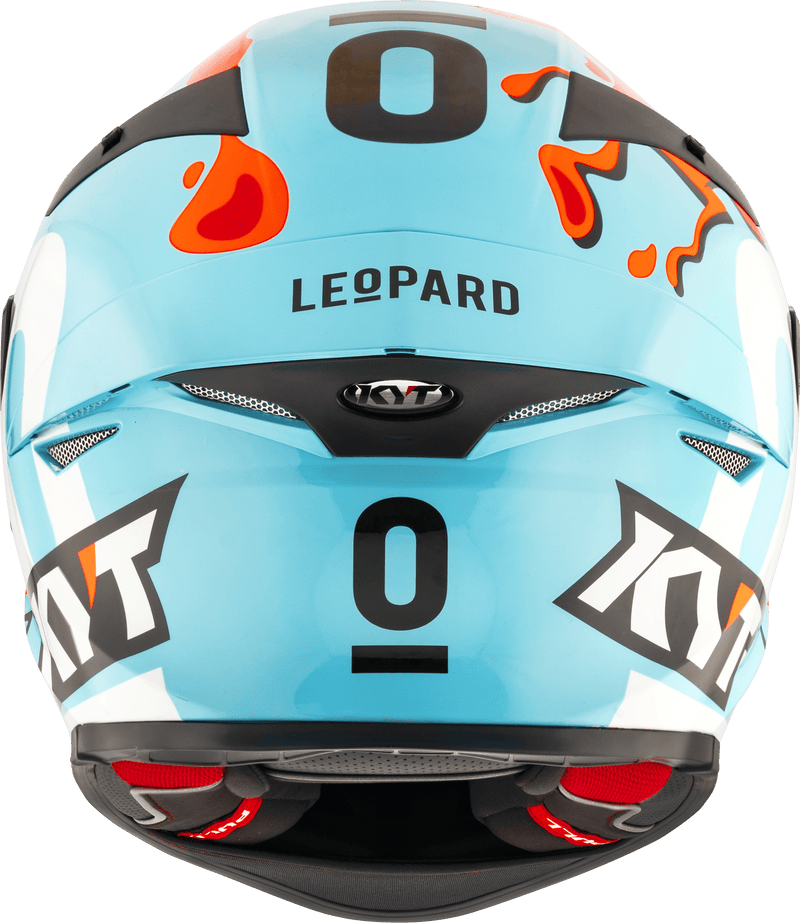 KYT TT-Revo full-face helmet in Leopard Replica Aragon turquoise and black livery