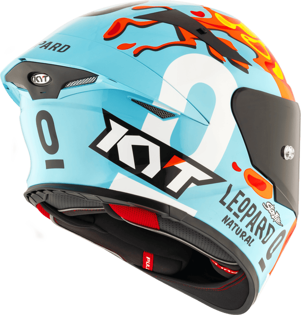 KYT TT-Revo full-face helmet in Leopard Replica Aragon turquoise and black livery