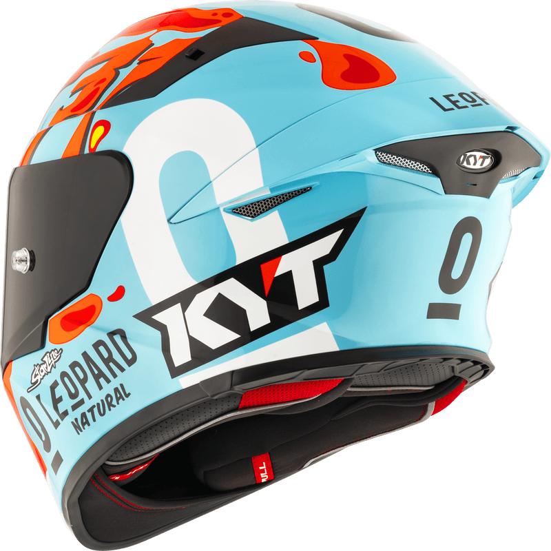 KYT TT-Revo full-face helmet in Leopard Replica Aragon turquoise and black livery
