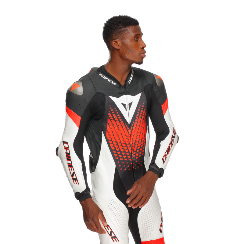 Dainese Laguna Seca 6 one-piece leather race suit in White/Red, men's perforated version