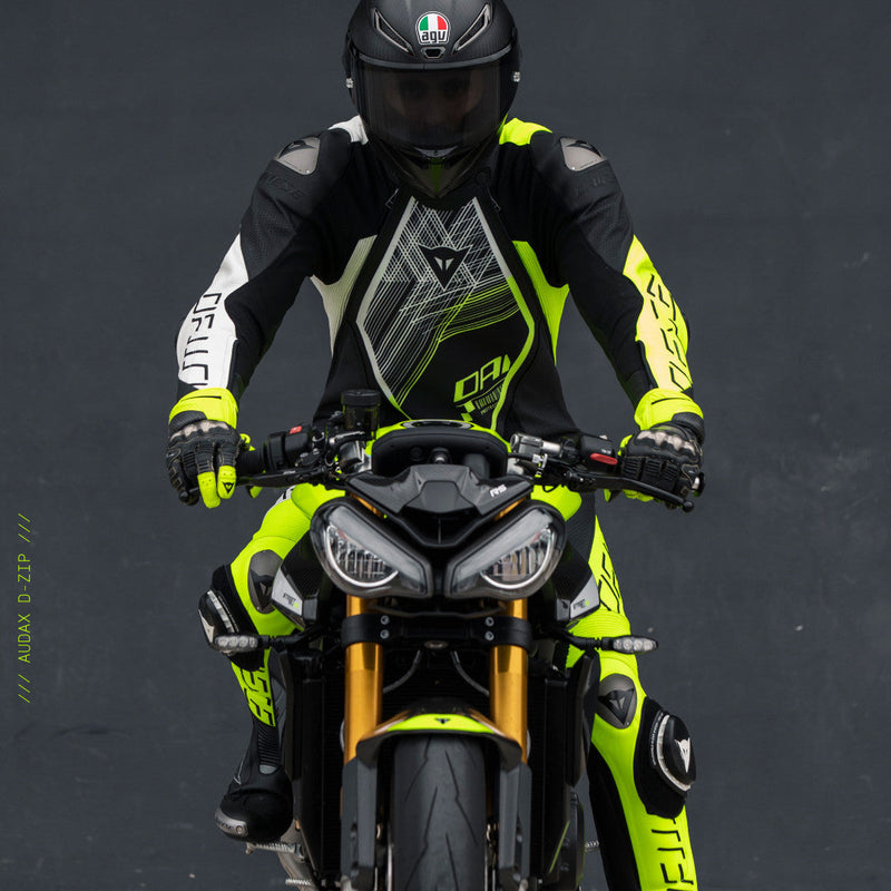 Dainese Audax D-ZIP one-piece leather racing suit in black and neon yellow