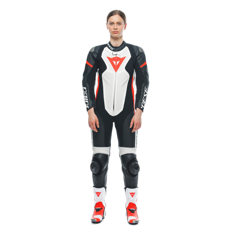 Dainese Grobnik Lady one-piece leather race suit in white and red, perforated panels