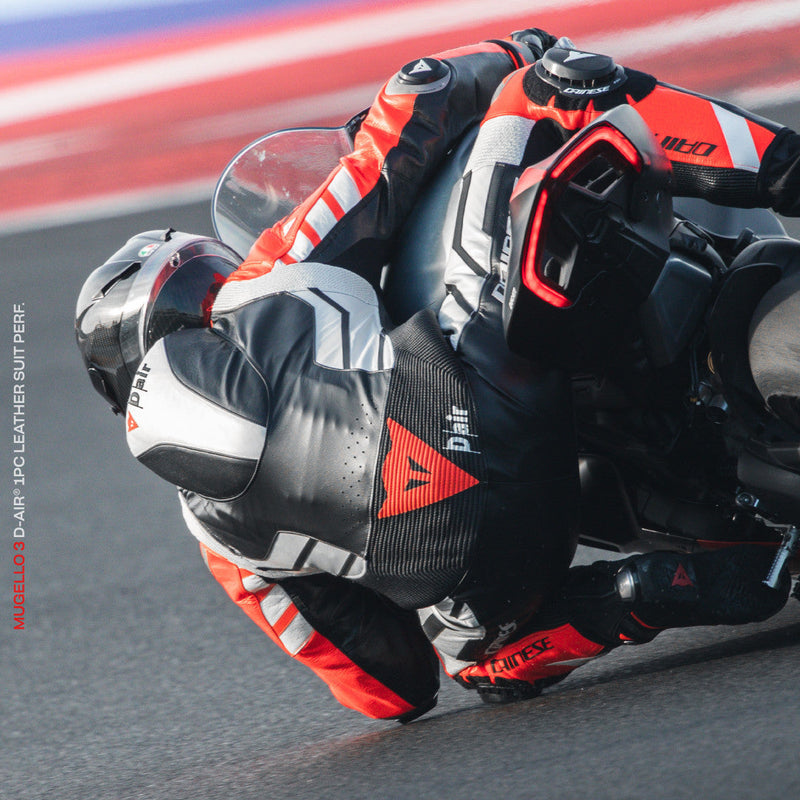 Dainese Mugello 3 Perf. D-AIR® men's one-piece leather race suit in black and red