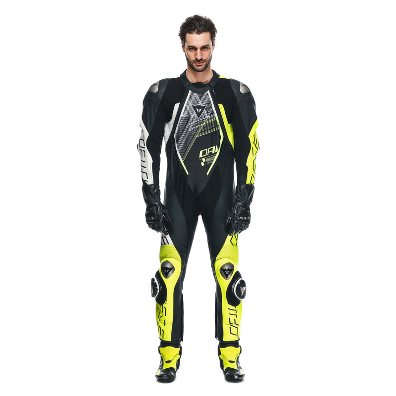 Dainese Audax D-ZIP one-piece leather racing suit in black and neon yellow