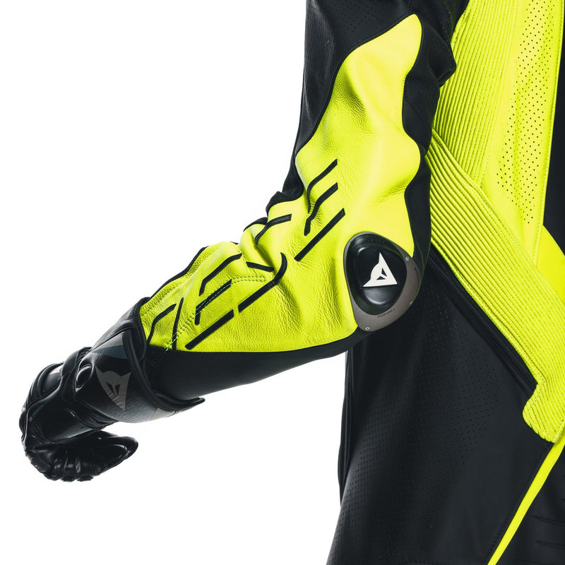 Dainese Audax D-ZIP one-piece leather racing suit in black and neon yellow
