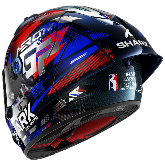 Shark Aeron GP FIM helmet Johann Zarco Victory 2025 replica in blue, white and red DBU livery