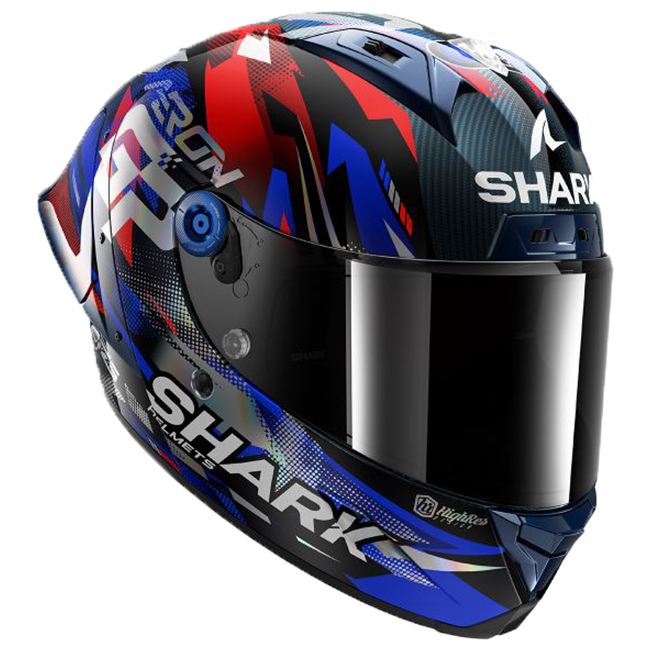 Shark Aeron GP FIM helmet Johann Zarco Victory 2025 replica in blue, white and red DBU livery