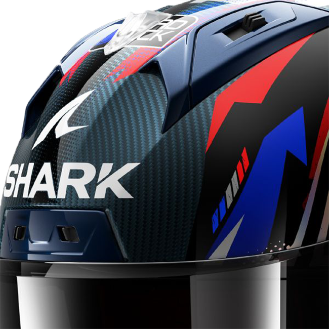 Shark Aeron GP FIM helmet Johann Zarco Victory 2025 replica in blue, white and red DBU livery
