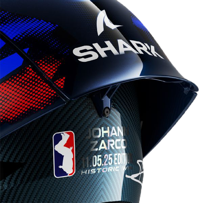 Shark Aeron GP FIM helmet Johann Zarco Victory 2025 replica in blue, white and red DBU livery