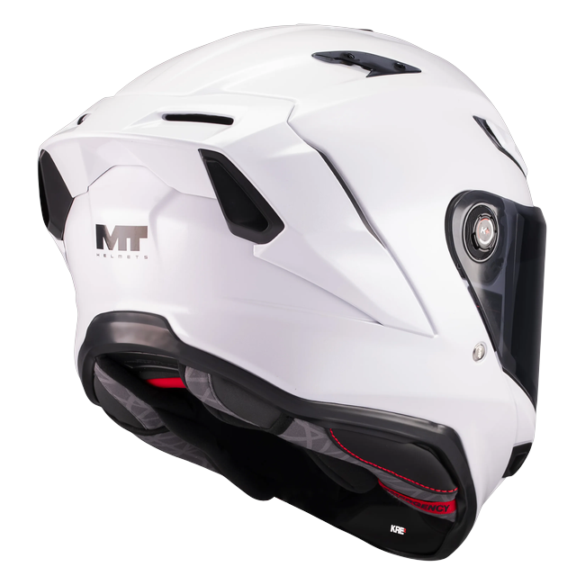 MT-Helmets KRE 2 Pure A0 full-face helmet in gloss white — rear three-quarter view