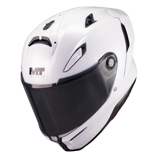 MT-Helmets KRE 2 Pure A0 full-face helmet in gloss white — raised front three-quarter view