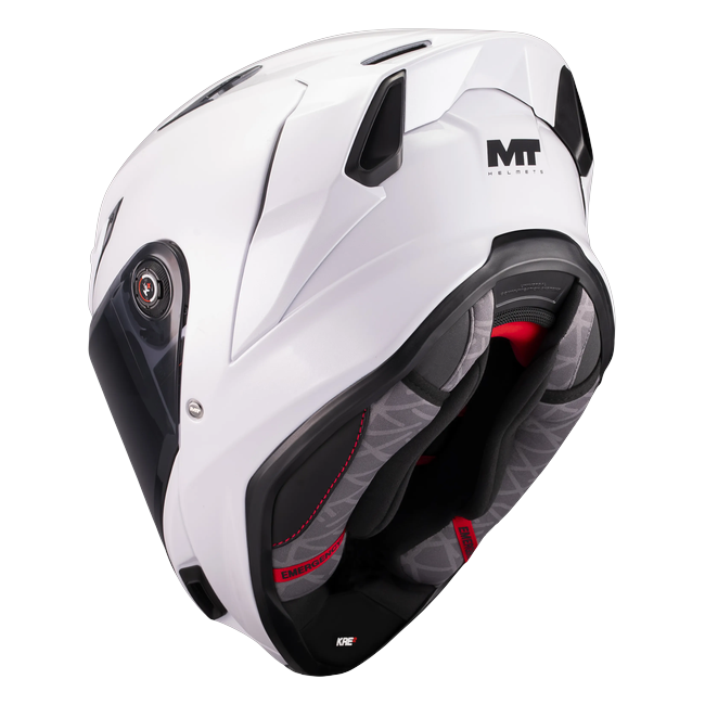 MT-Helmets KRE 2 Pure A0 full-face helmet in gloss white — rear three-quarter view showing the interior