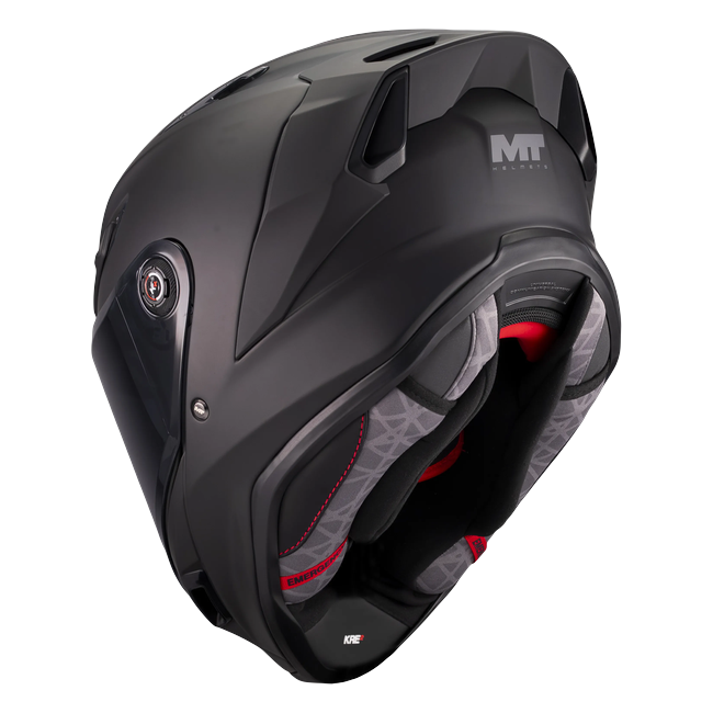 MT-Helmets KRE 2 Pure A1 full-face helmet in matt black — rear three-quarter view showing the interior